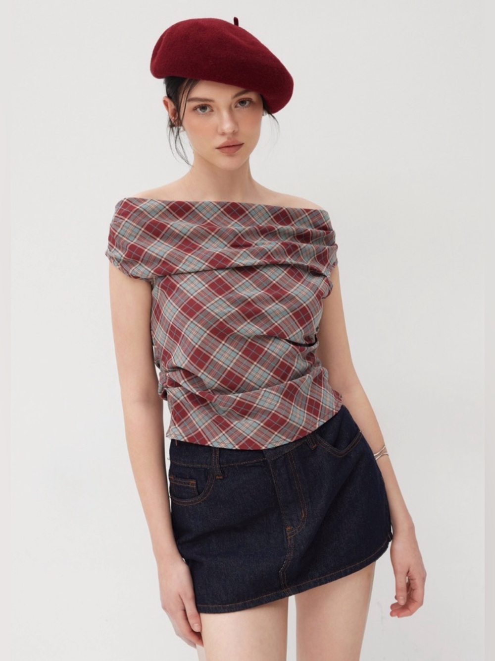 Cider Plaid Off Shoulder Ruched Crop Top Tartan Red Date Night Top | Size XXS